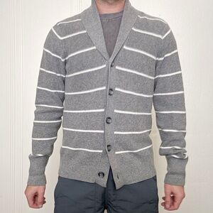 Club Monaco Men’s Ribbed Striped Shawl Cardigan Sweater Medium Cotton Cashmere